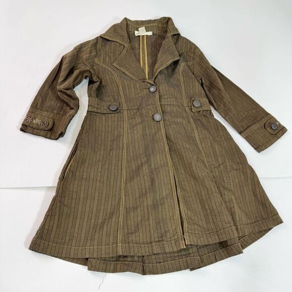 VTG Mrs. Pepper Coat Women Medium Green Button up Striped Herringbone 3/4 Sleeve - Picture 1 of 12